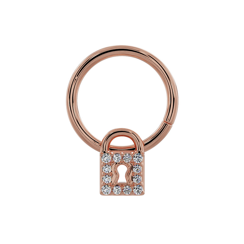 Close-up front view of 14k rose gold seam ring highlighting diamond-set padlock charm detail