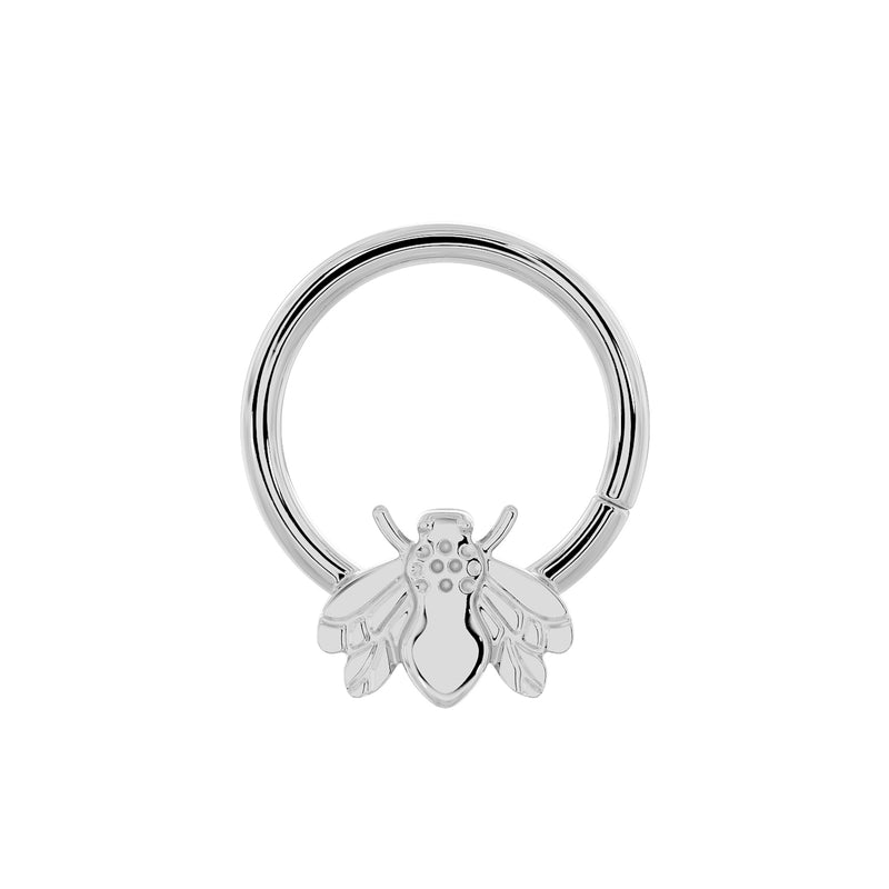 14K white gold bee seam ring hoop, larger diameter front view with engraved bee charm
