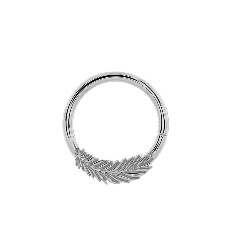 14K white gold feather seam ring tilted to display full feather engraving and polished finish