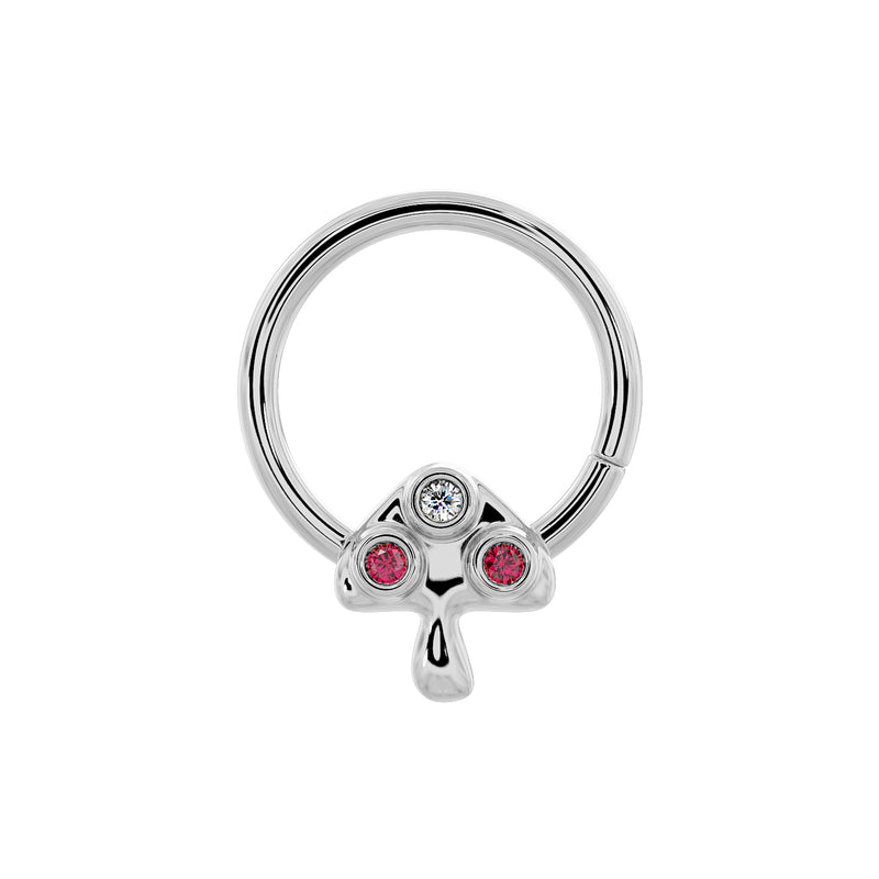 14K white gold mushroom seamless ring close-up front view with diamond cap and two ruby stones