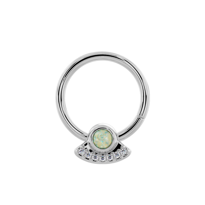 Close-up front view of 14K white gold UFO seam ring with opal and pave diamond charm