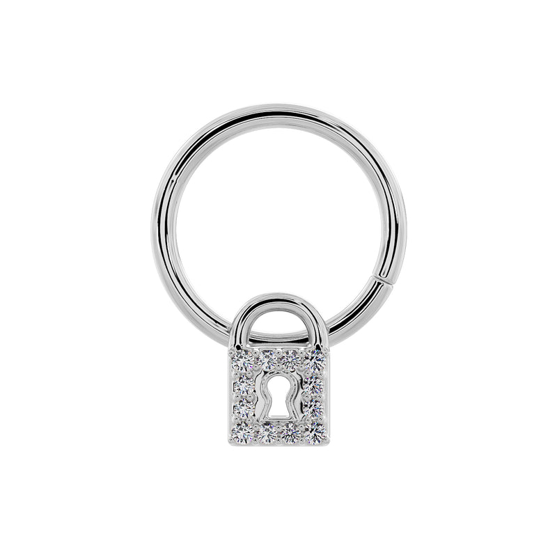 Close-up front view of 14k white gold seam ring highlighting diamond-set padlock charm detail