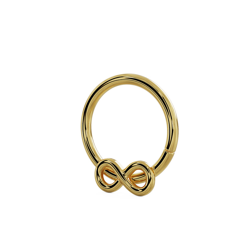 Angled side view of 14K yellow gold infinity seam ring showing dimensional infinity symbol detail