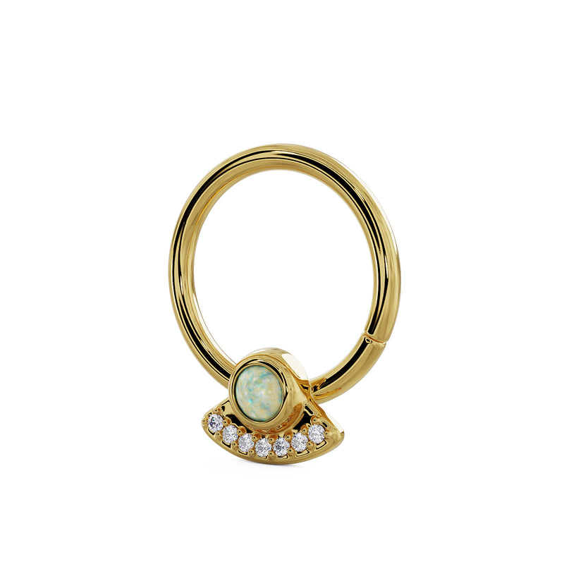 Angled side view of 14K yellow gold opal and diamond UFO seam ring showing charm profile