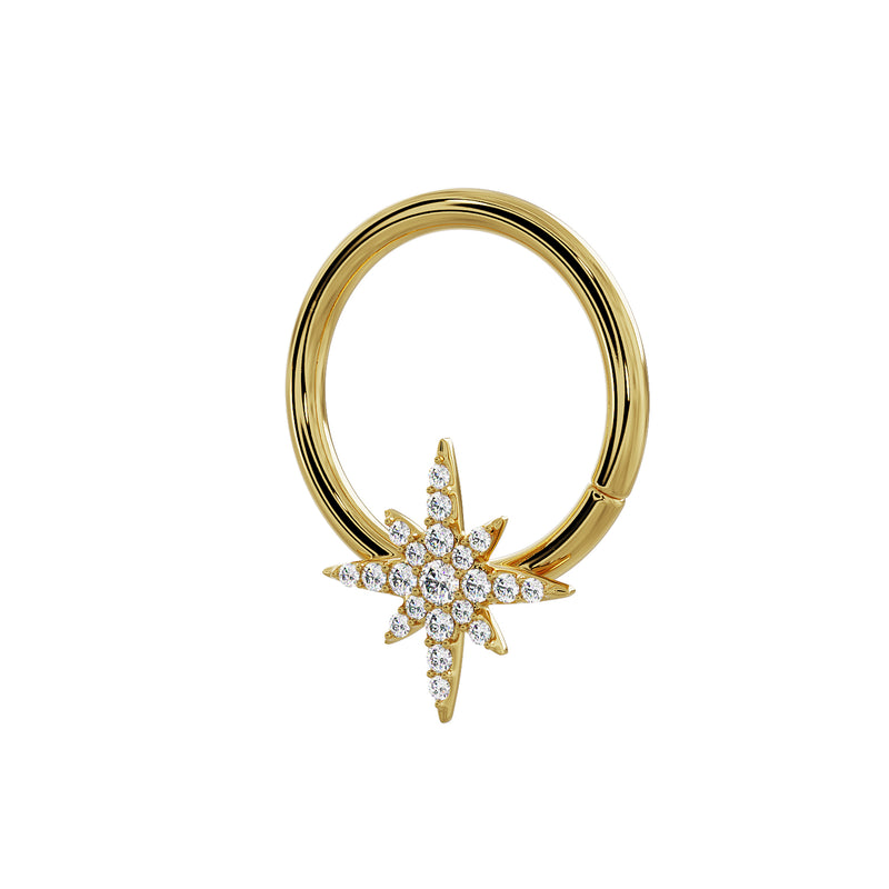 14K yellow gold north star diamond seam ring, angled view highlighting pave star charm and hoop seam closure