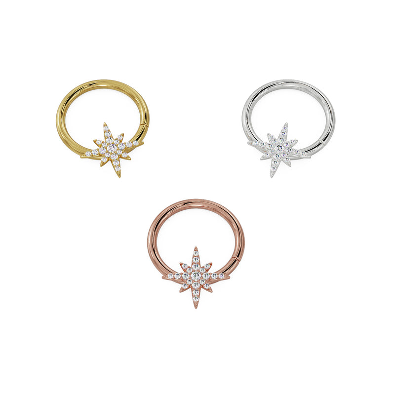 North star diamond seam ring in smaller hoop size shown in yellow gold, white gold, and rose gold options