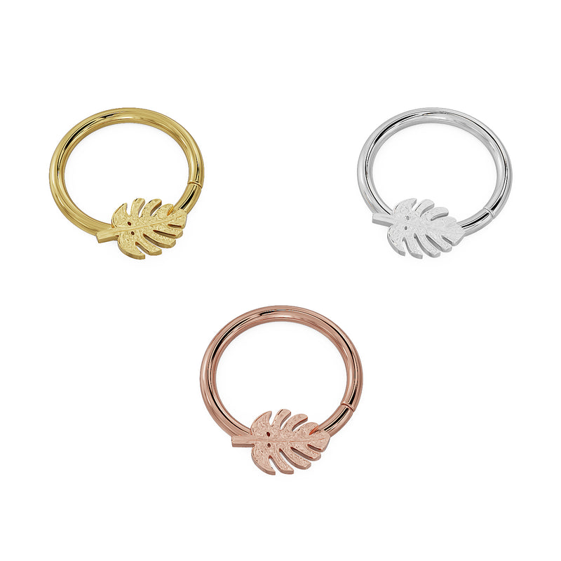 Monstera leaf seam ring in yellow, white, and rose gold shown at smaller diameter, all three tones together