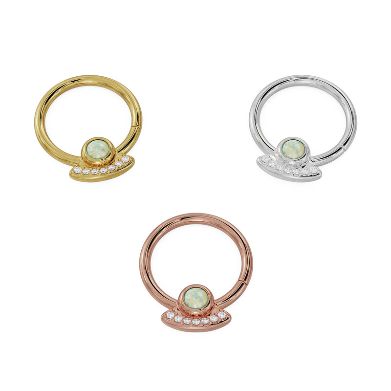 All three metal options for opal diamond UFO seam ring shown at an angle: yellow, white, rose gold