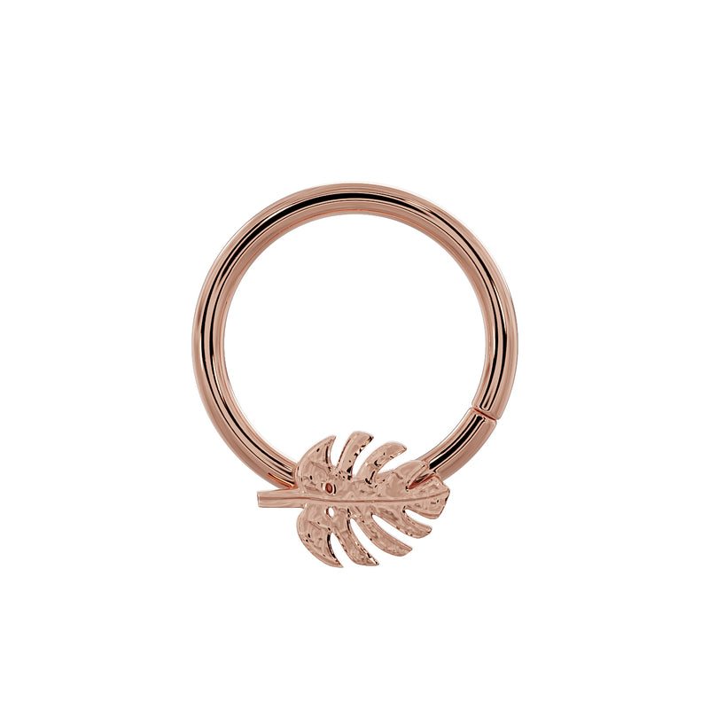 14K rose gold monstera seam ring with leaf charm at bottom, larger hoop diameter front view
