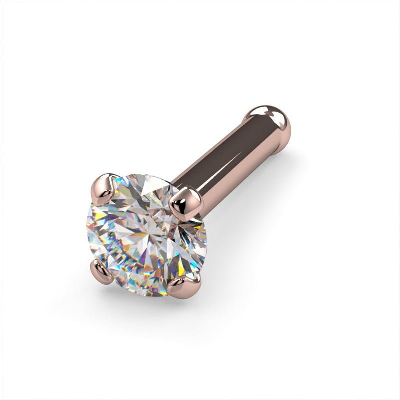14k rose gold 2.5mm diamond bone nose stud, angled view with ball end and rose gold prong setting