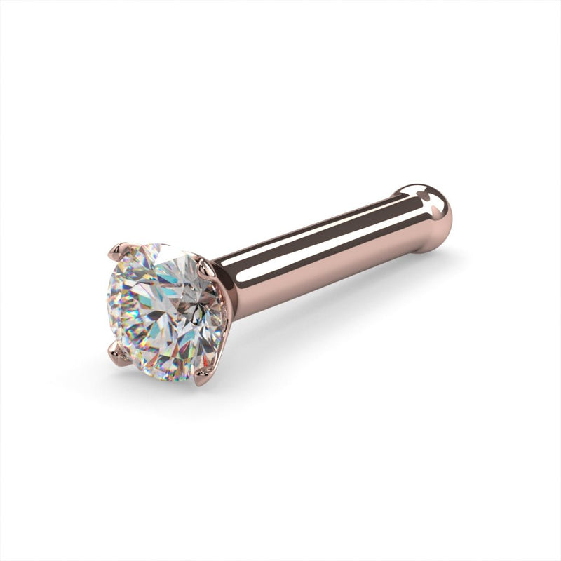 14k rose gold 2mm diamond bone nose ring 18G, angled view with warm rose gold straight post