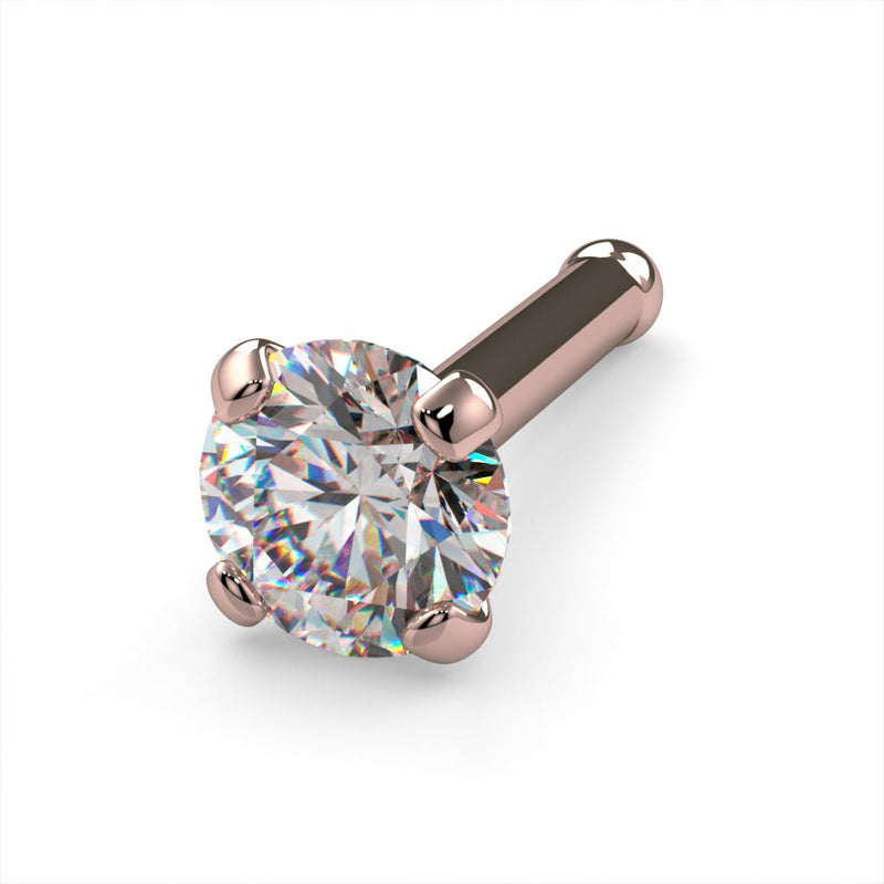 14k rose gold 3mm diamond bone nose stud, angled view highlighting rose gold prong setting and ball post