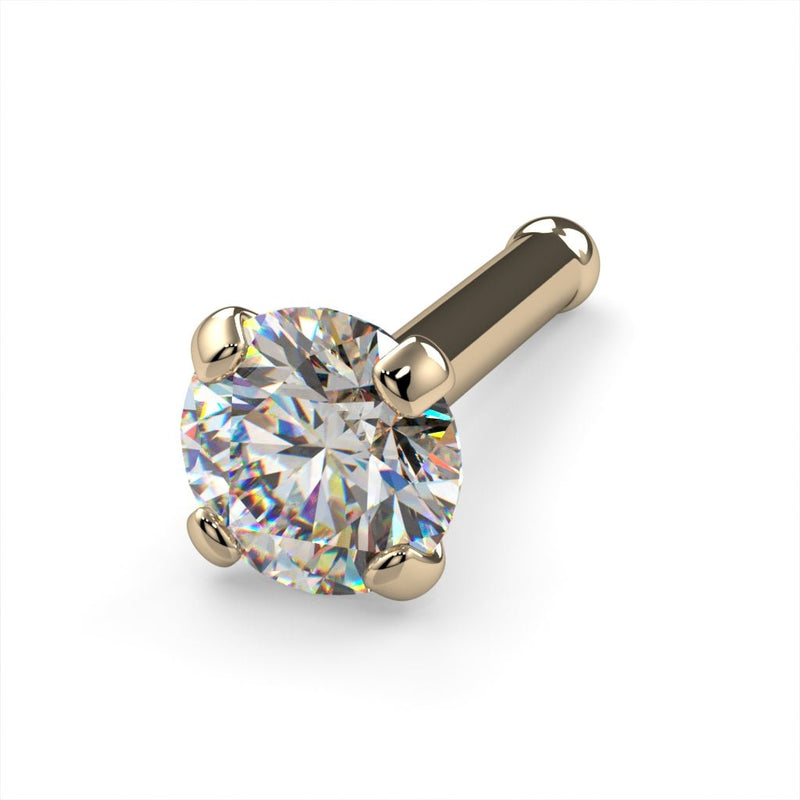 14k yellow gold 3mm diamond bone nose stud, angled close-up with warm gold four-prong setting and ball end