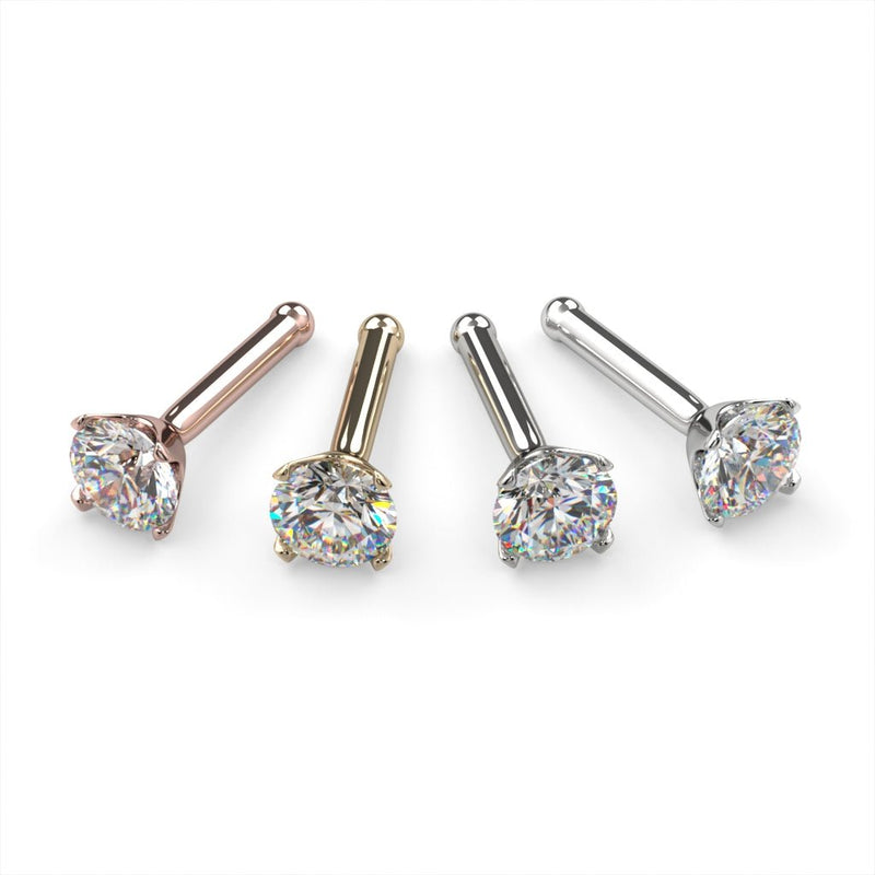 3mm diamond nose stud bone style in rose gold, yellow gold, white gold, and platinum, angled front view