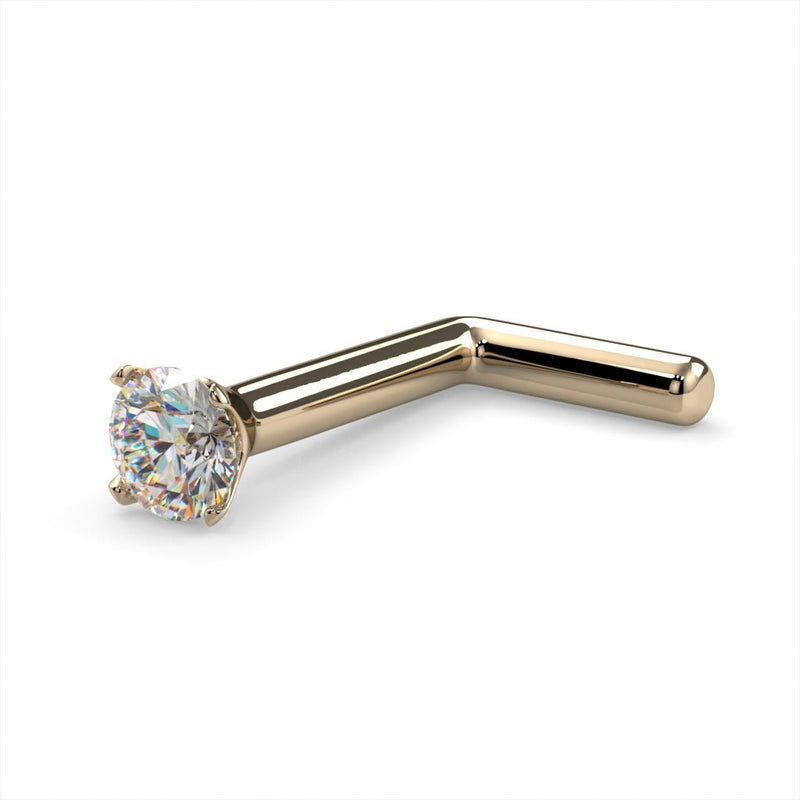 14k yellow gold 2mm diamond L-post nose ring 18G, angled view with warm gold L-shaped post