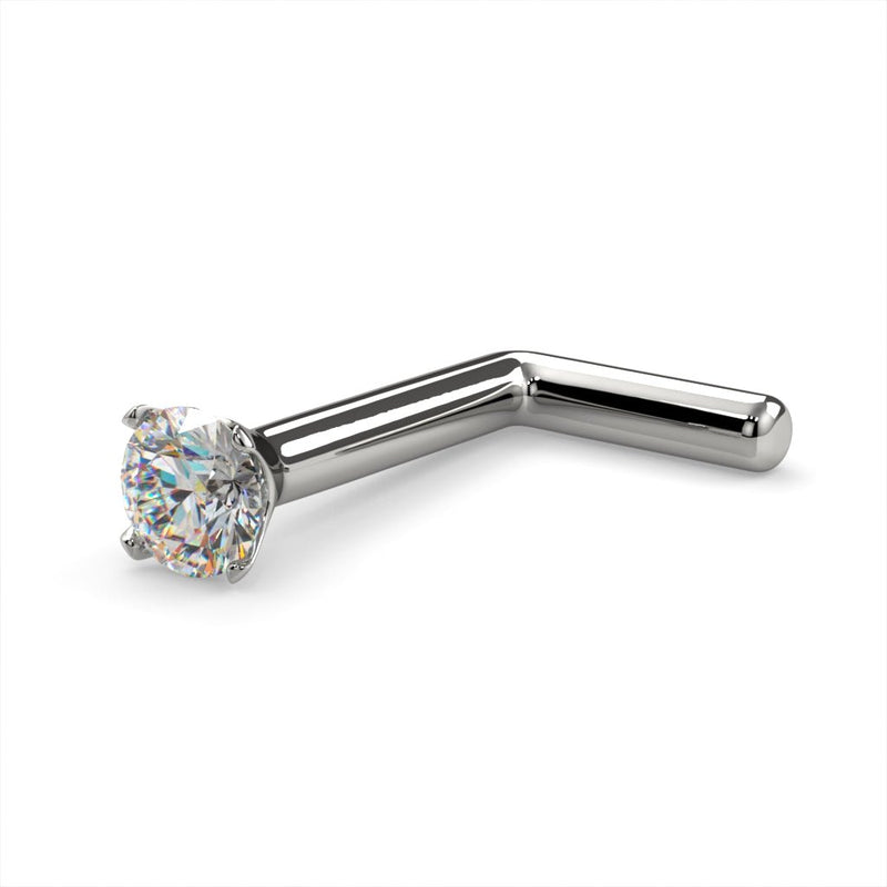 14k white gold 2mm diamond L-post nose ring 18G, angled view showing right-angle bend and diamond