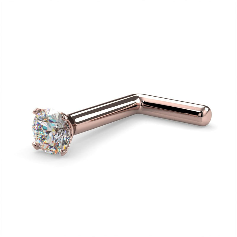 14k rose gold 2mm diamond L-post nose ring 18G, angled view highlighting rose gold L-post style