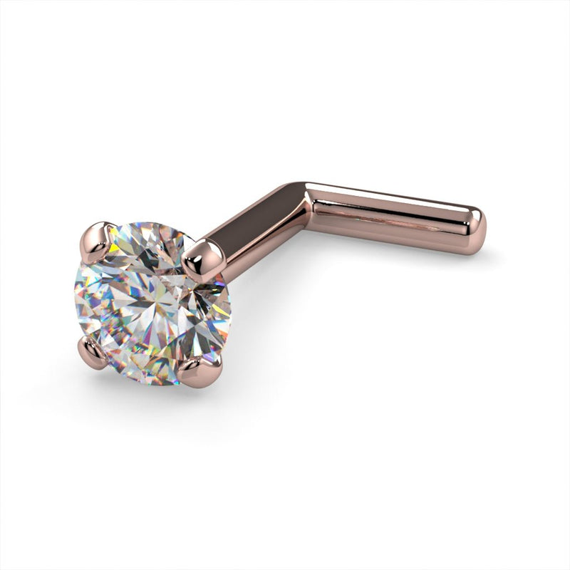 14k rose gold 3mm diamond L post nose stud, angled view showing blush gold prongs and L-bend post