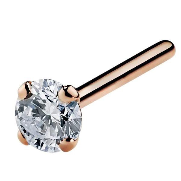 14k rose gold 2.5mm diamond straight pin post nose stud, angled view showing plain post and sparkle