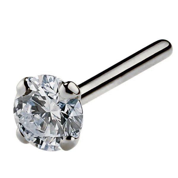 Platinum 2.5mm diamond straight pin post nose stud, angled view showing plain post and bright diamond