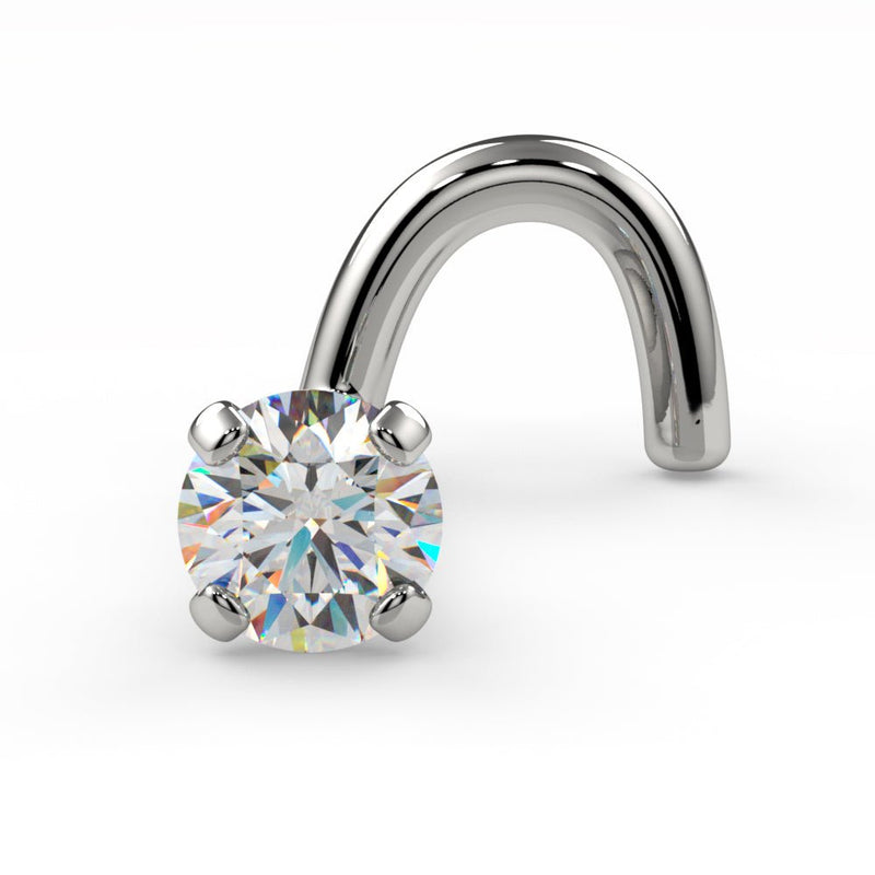 Platinum 2.5mm diamond twist nose stud, front angle view with screw post and bright platinum finish