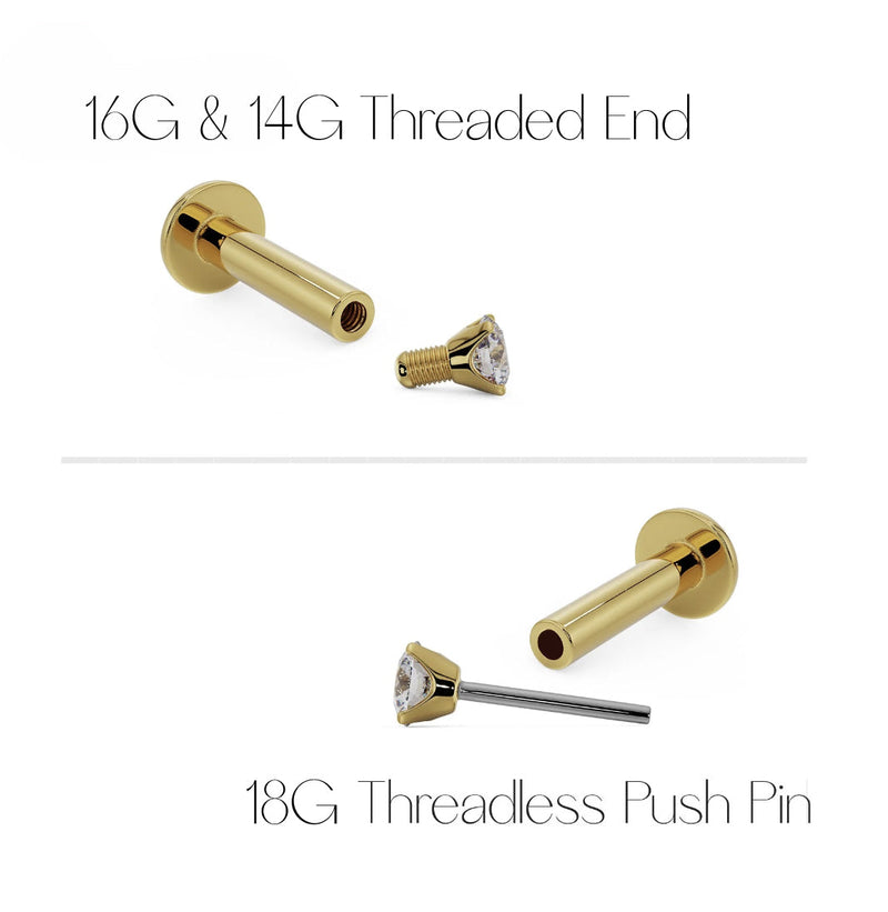 Diagram showing threaded end for 16G and 14G vs threadless push pin mechanism for 18G labret