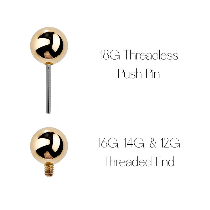 Diagram comparing 18G threadless push pin end and 16G, 14G, 12G threaded ball end options