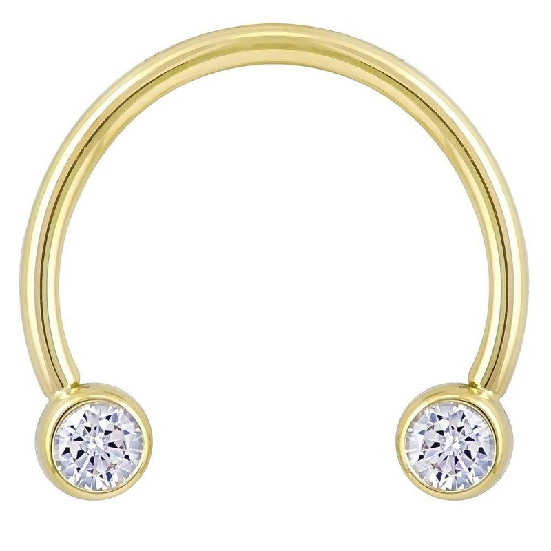 14k yellow gold circular barbell with dual bezel-set CZ ends, front view on white background