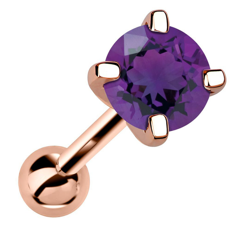 14k rose gold 5mm genuine amethyst cartilage stud with purple stone, angled product view