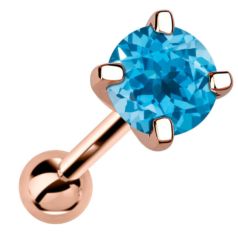 14k rose gold 5mm genuine blue topaz cartilage stud with bright teal stone, angled view