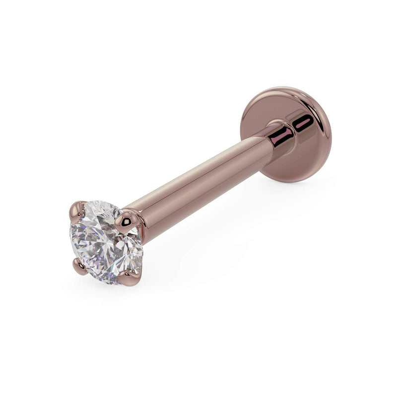14k rose gold 2mm diamond flat back labret stud with 4-prong martini setting, angled product view