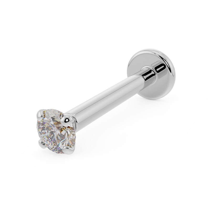 14k white gold 2mm diamond flat back labret stud with low-set prong setting, angled product view