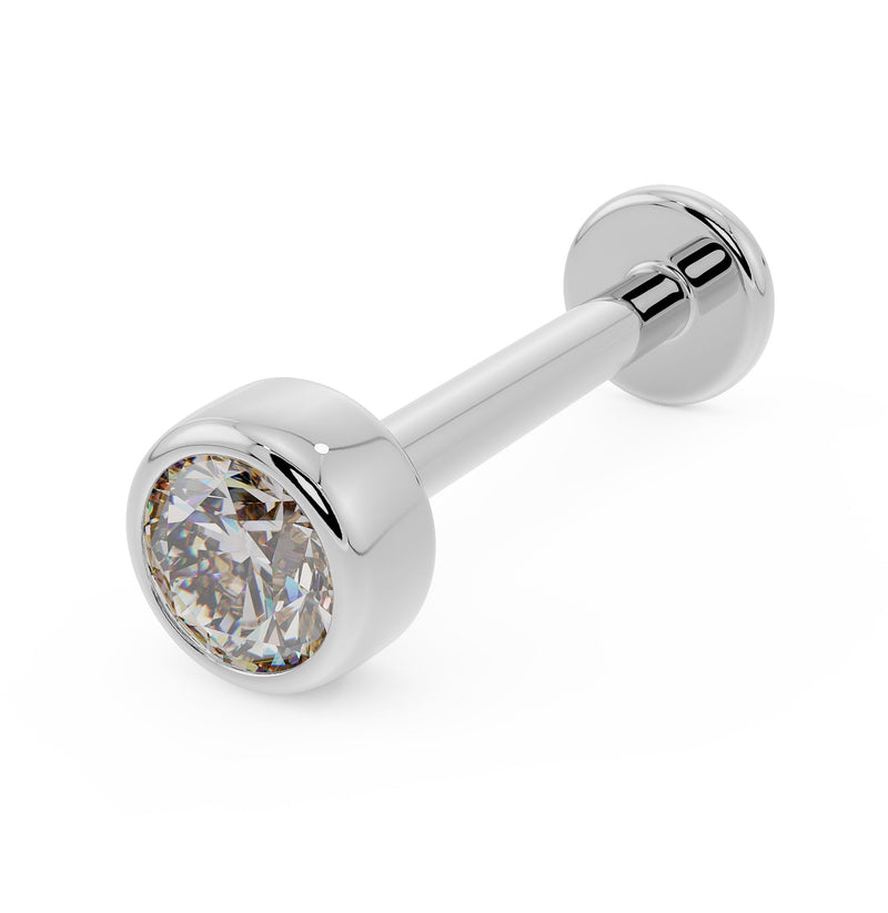 14k white gold 2.5mm diamond bezel-set flat back labret, angled view highlighting brilliant-cut stone