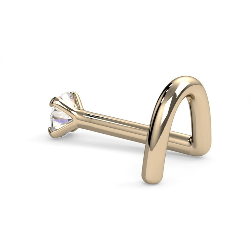 Side view of 14k yellow gold 2mm diamond nose ring twist, showing full curved post from side angle