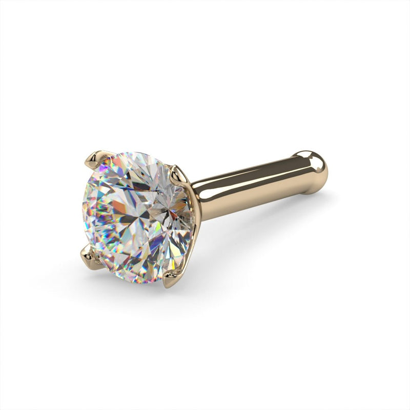 14k yellow gold 3mm diamond bone nose stud, 20G angled view showing large diamond and gold ball end