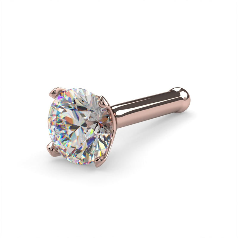 14k rose gold 3mm diamond bone nose stud, 20G angled view showing sparkle diamond in blush gold prongs
