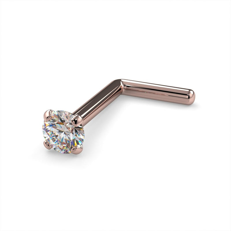 14k rose gold 2mm diamond L-post nose ring 20G, angled view showing rose gold L-shaped post