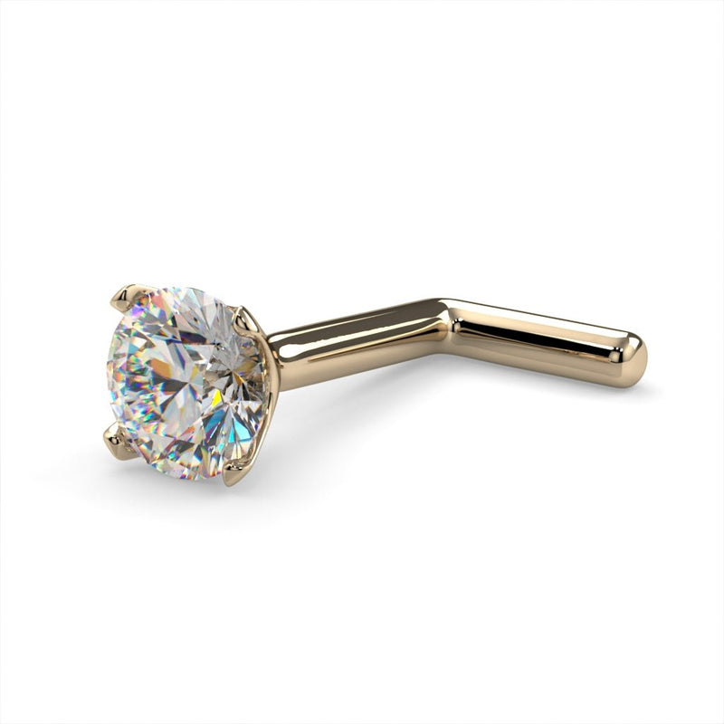 14k yellow gold 3mm diamond L post nose stud, side-angled view showing gold post end and prong head