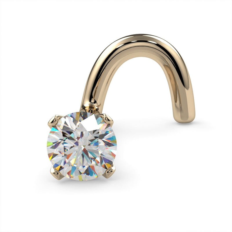 14k yellow gold 2.5mm diamond twist nose stud, angled view with screw post and bright yellow gold tone