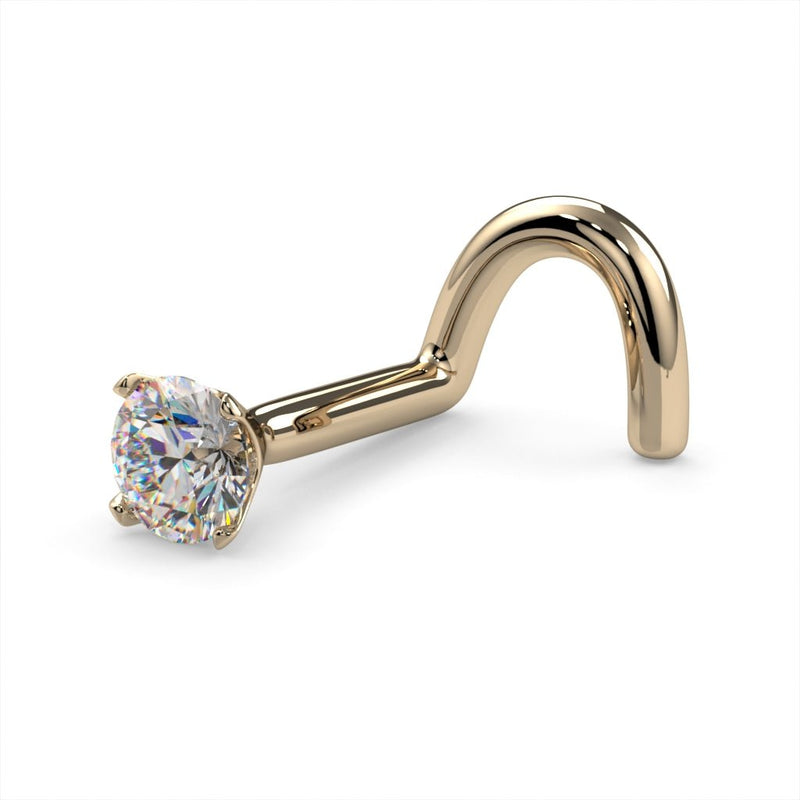 14k yellow gold 2.5mm diamond nose ring with twist post, angled view showing prong setting and curved end