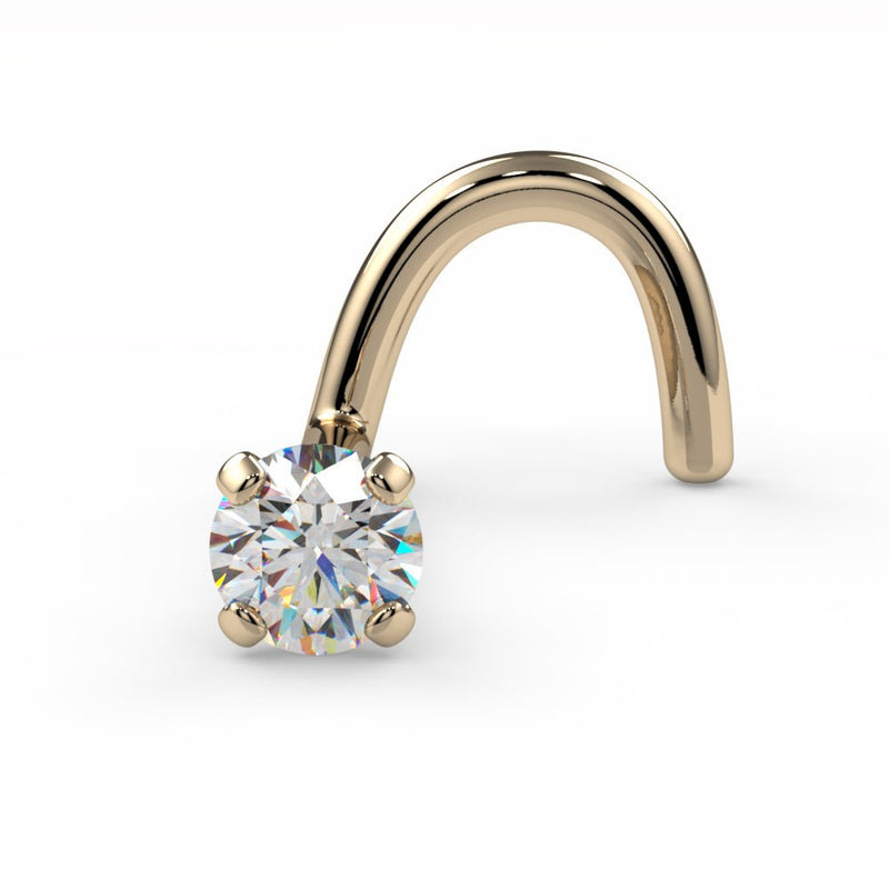 14k yellow gold 2mm diamond twist nose ring 20G, angled front view with 4-prong VS1 diamond