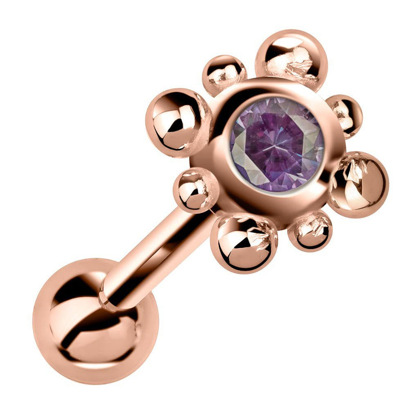14k rose gold beaded bezel cartilage stud with light purple alexandrite-style gem, angled