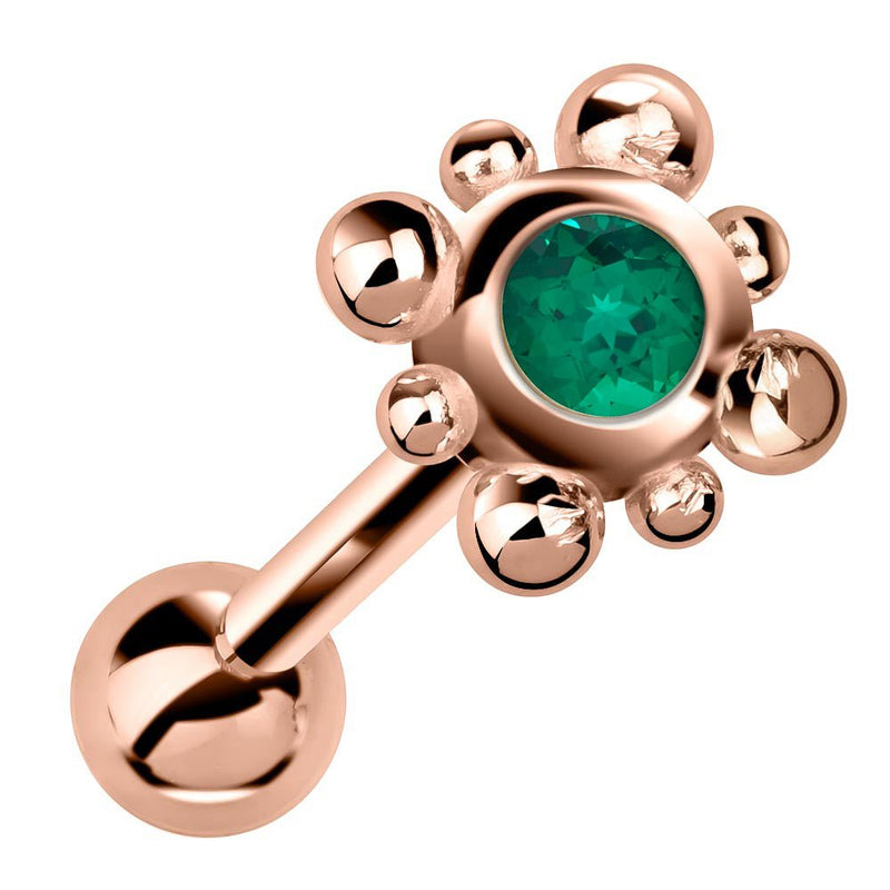 14k rose gold beaded bezel cartilage stud with vivid green emerald gemstone, angled view