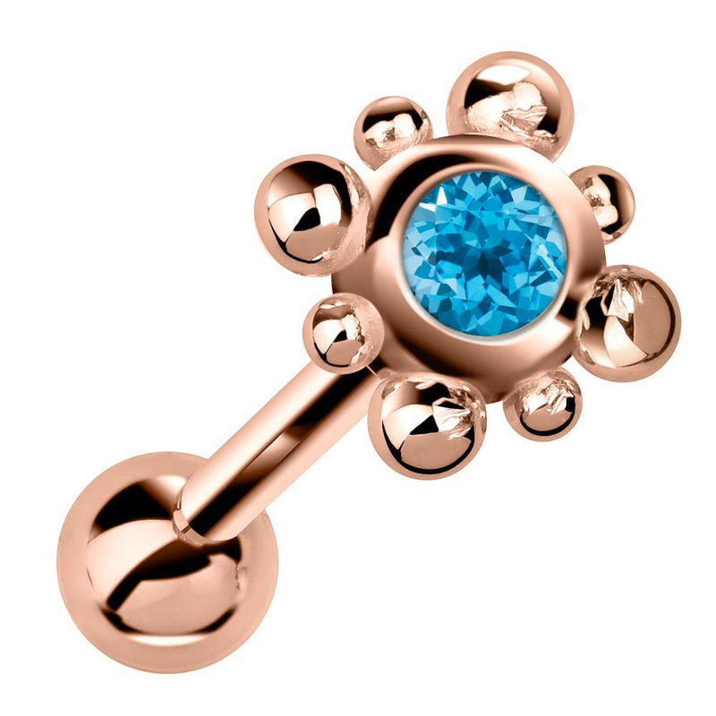 14k rose gold beaded bezel cartilage stud with blue topaz gemstone, angled product view