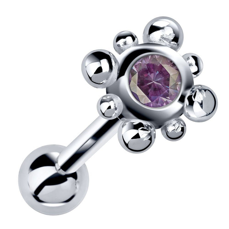 14k white gold beaded bezel cartilage stud with light purple alexandrite-style gem, angled