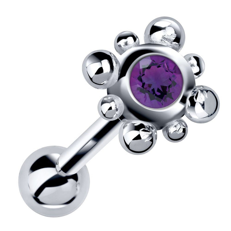 14k white gold beaded bezel cartilage stud with deep purple amethyst gemstone, angled view