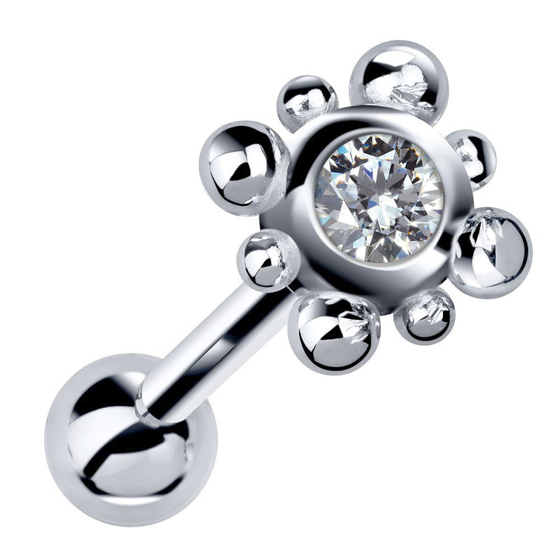 14k white gold beaded bezel cartilage stud with clear cubic zirconia, angled product view