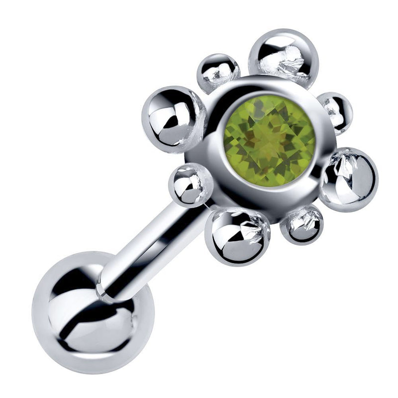 14k white gold beaded bezel cartilage stud with lime green peridot gemstone, angled view