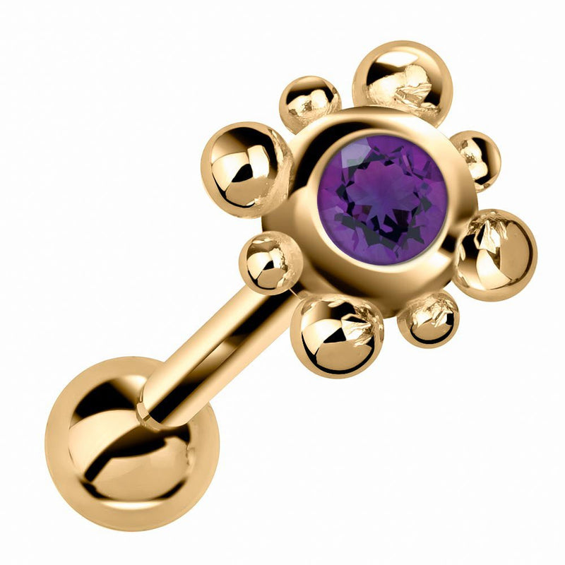 14k yellow gold beaded bezel cartilage stud with purple amethyst gemstone, angled view