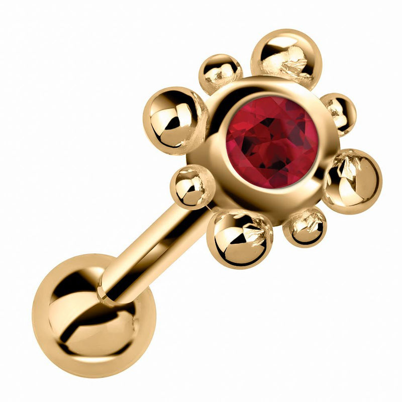 14k yellow gold beaded bezel cartilage stud with vivid red ruby gemstone, angled view